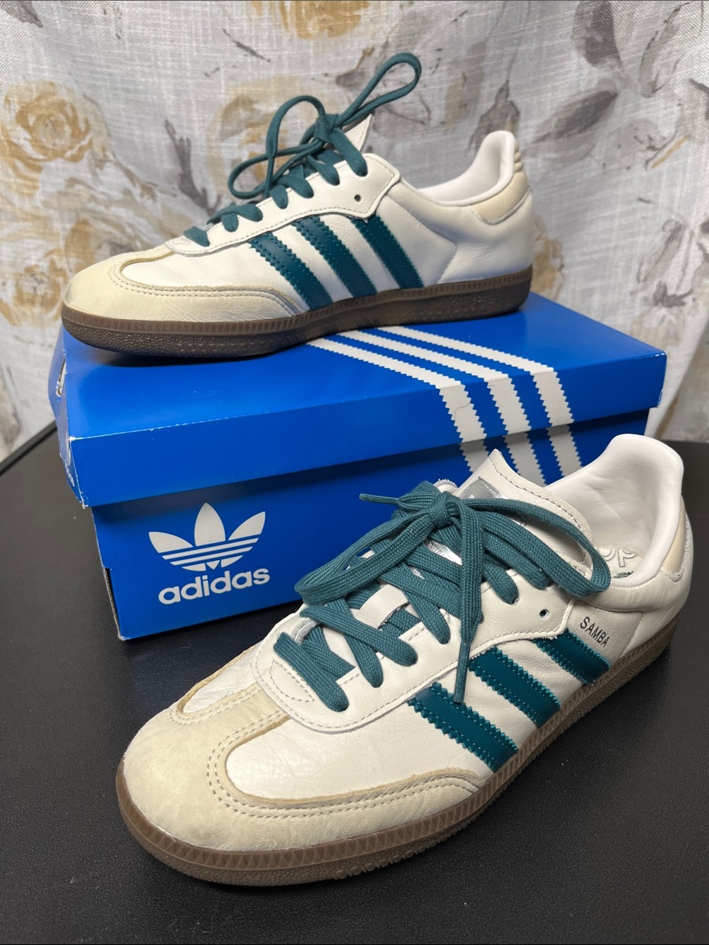 adidas Samba Cream Sneakers with Teal Stripes- IG1963